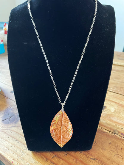 Flame Painted Copper Leaf Necklace - Small