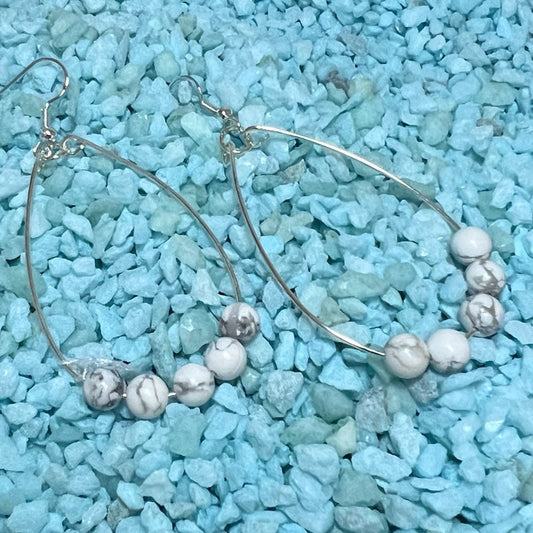 White Turquoise aka Howlite Sterling Silver 3 inch long tear-drop earrings.