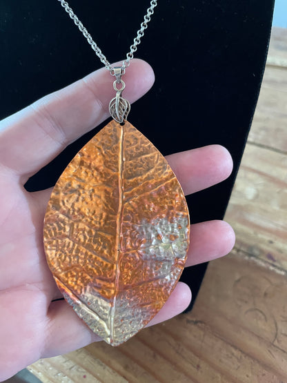 Copper Two Leaf Sterling Silver Necklace - Large