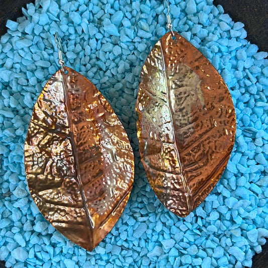 Flame Painted Leaf Earrings - Large